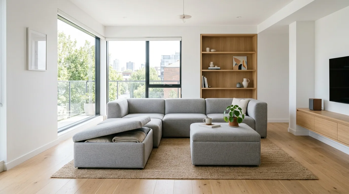 Choose storage pieces that look calm in the room inspiration for a compact home.